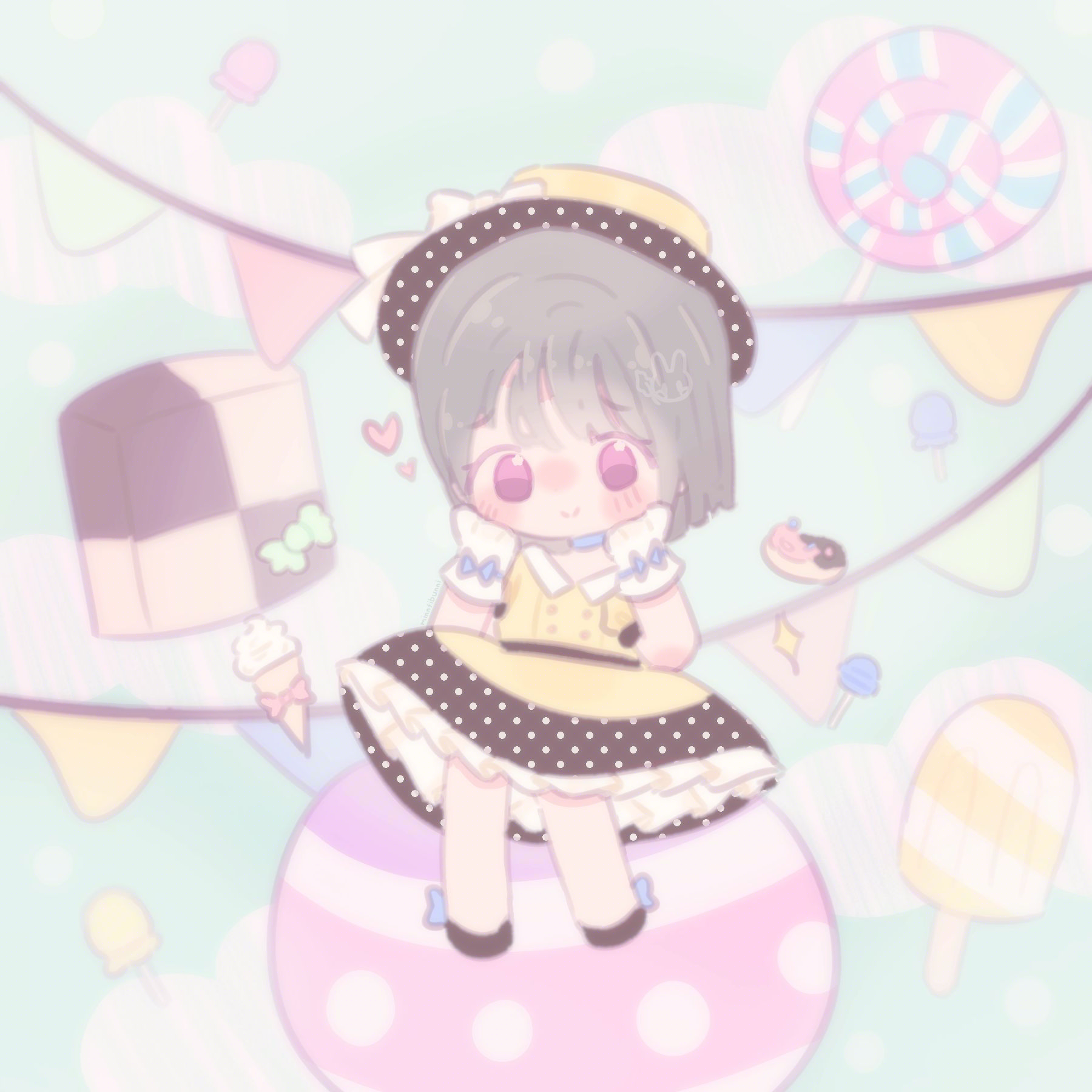 An illusration of the character 'Kasumi Nakasu' from 'Love Live! Nijigasaki High School Idol Club' in chibi form. She is sitting on a large pink lollipop and is holding her hands to her face. Behind her are some lollipops and other snacks. There is various sweets surrounding her too.
