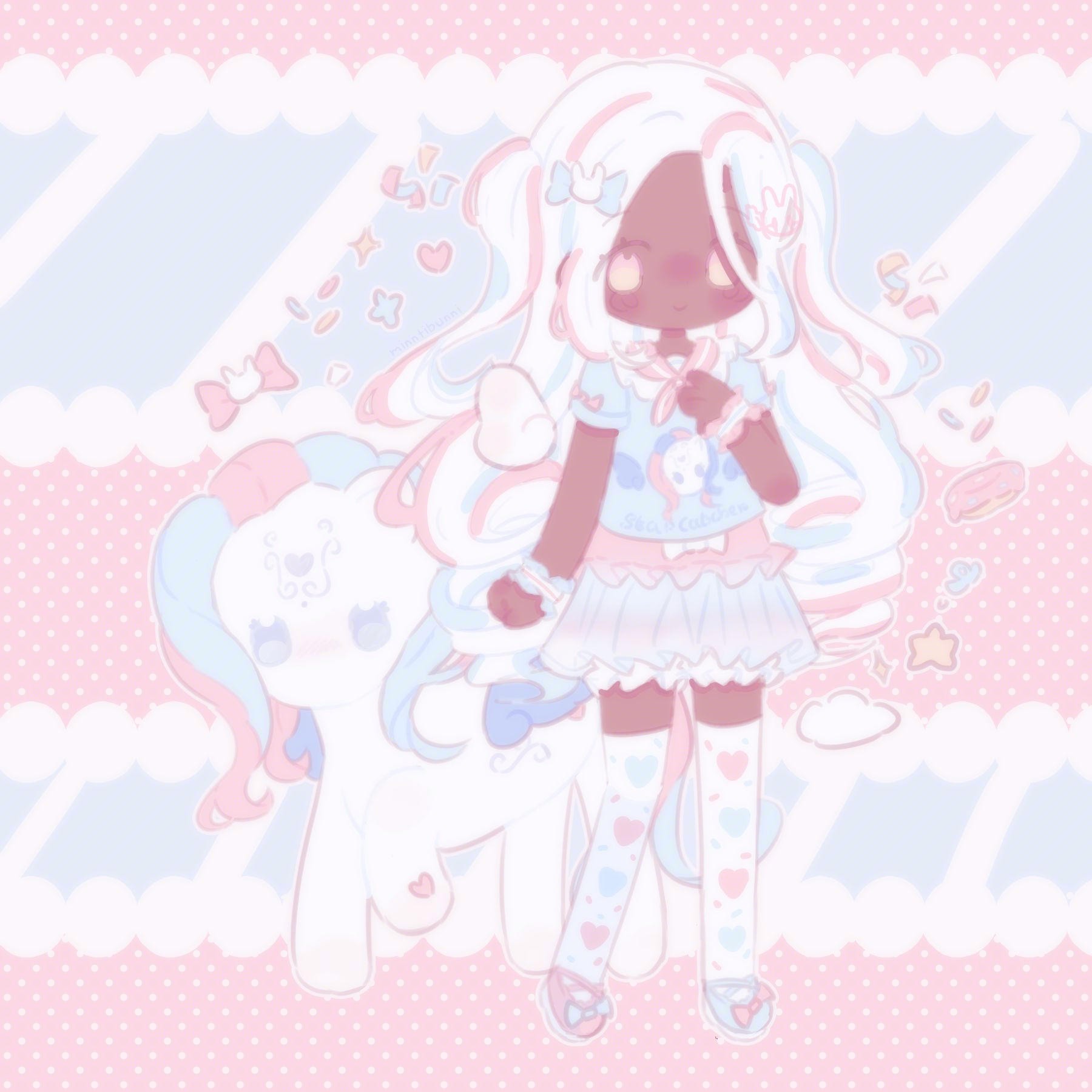 An illustration of my original character standing in front of the pony character 'Star Catcher' from the 'My Little Pony' (Generation 3) franchise. She is resting her hand on her chest and is looking forward. She is wearing fairy kei (inspired) clothing. Star Catcher is holding one of her hooves up. There are sprinkles, a bow, a heart, stars, a cloud, streamers and a donut surrounding them.