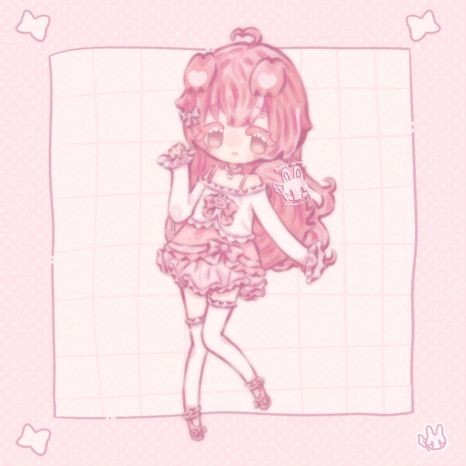 An illustration of kel's original character drawn in chibi style. They are smiling and holding their hand up.