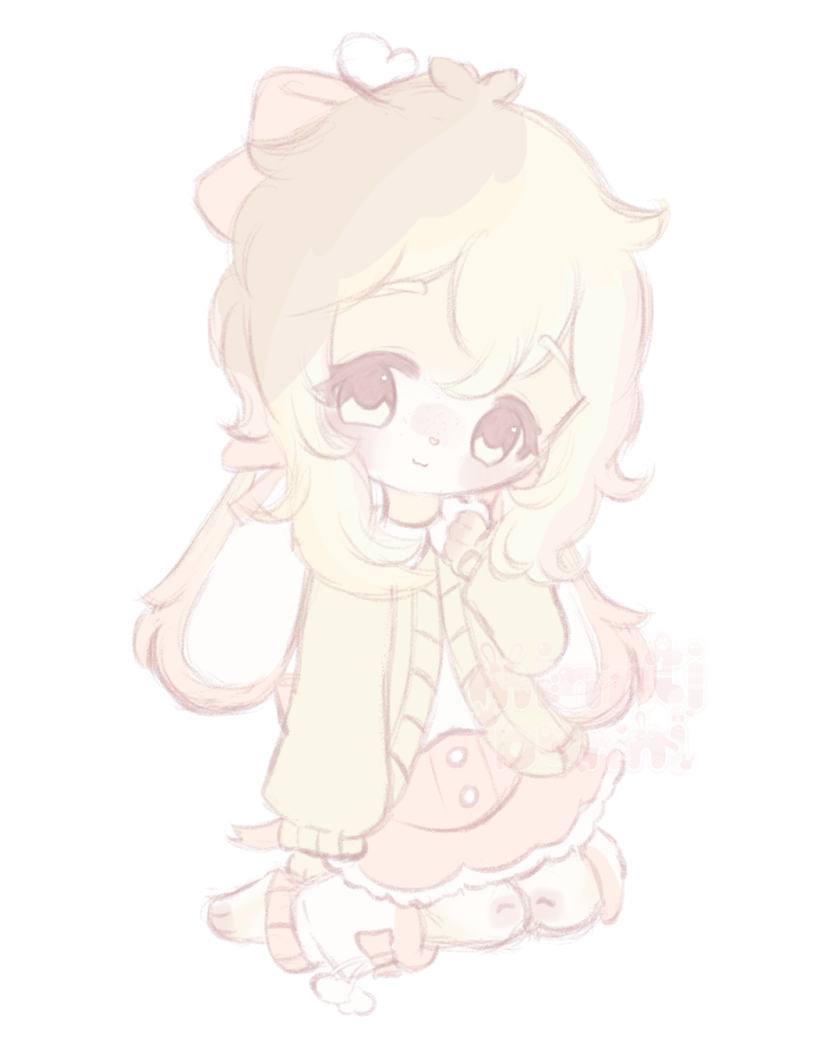 An illustration of kenochu's original character in chibi form. They have their paw resting on their chest and are sitting on the ground.
