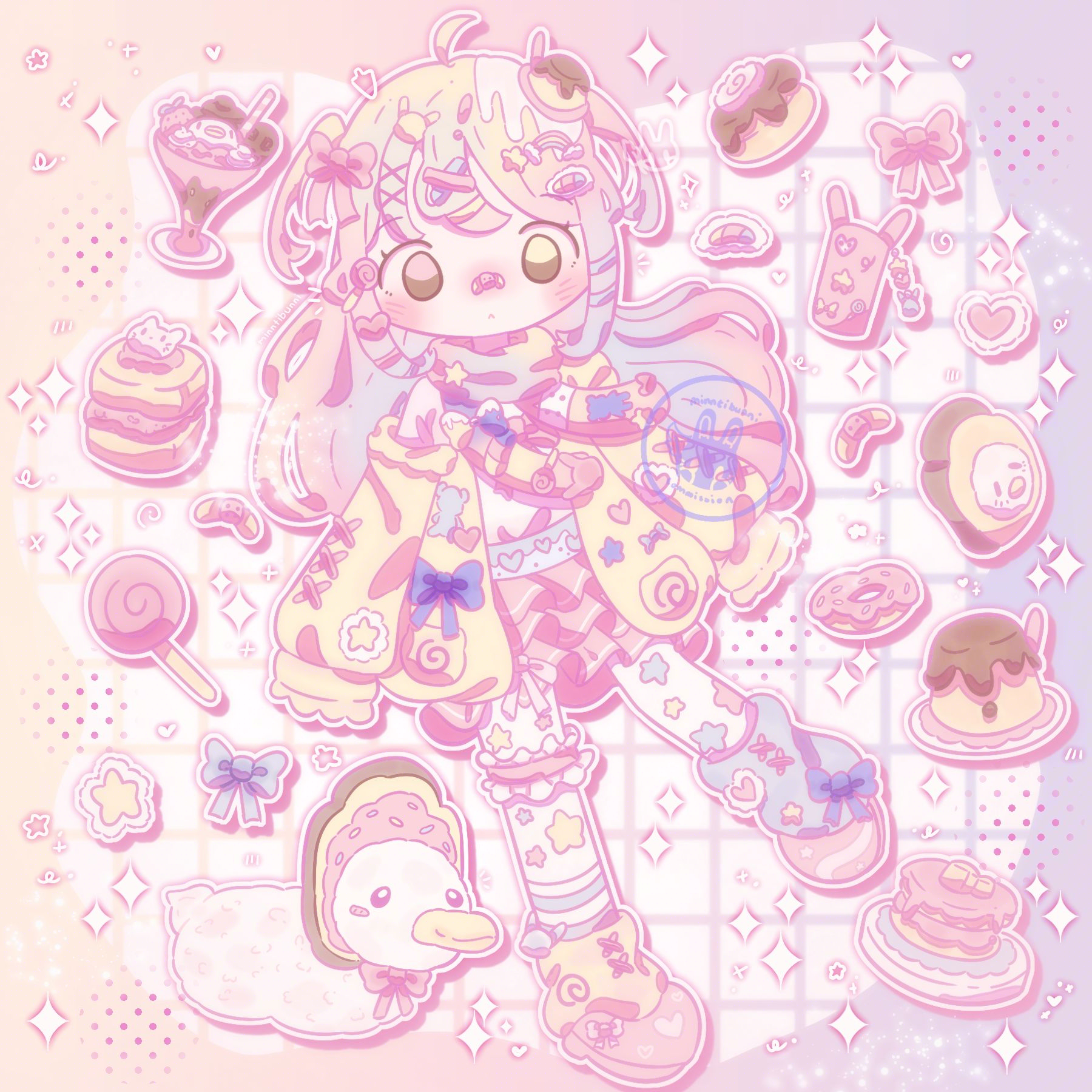 An illustration of a character. They are surrounded by many various cute snacks, their phone, bandaids, a duck with a bowtie and bread on its face, bows, a heart and a star. There are many sparkles and doodles around them.