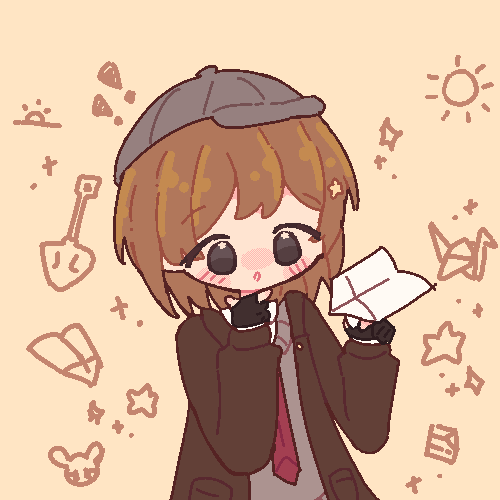 An animated GIF of laurent's character drawn in a pixel style. They are holding a paper airplane and having their other hand in a thinking position up to their face.