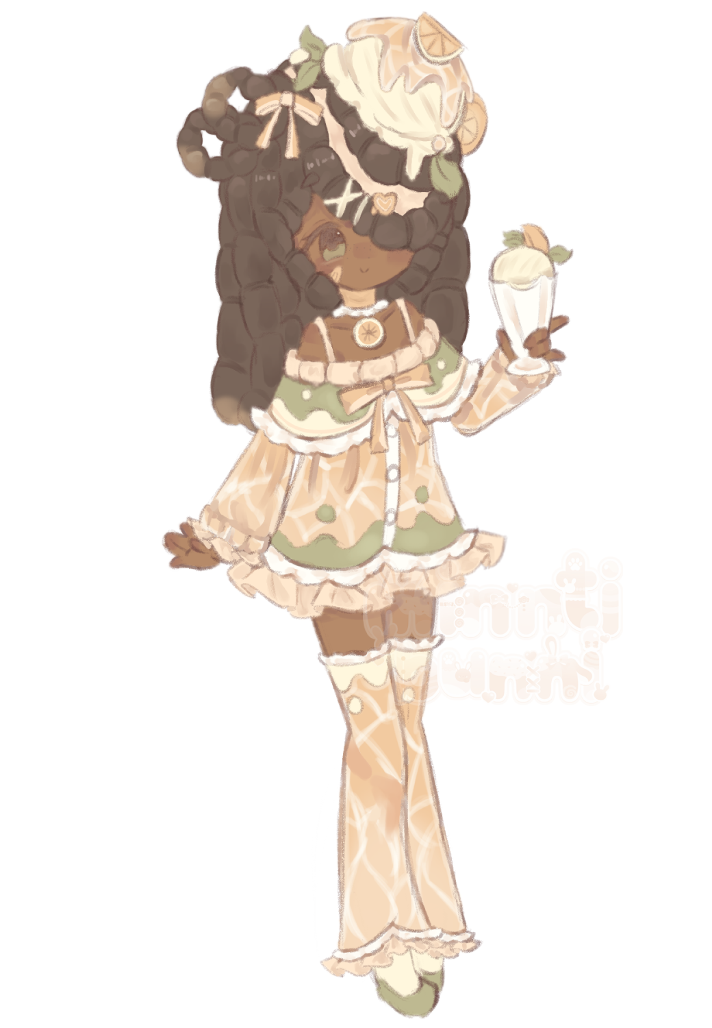 An illustration of LilacBubbles character. They are holding a orange flavoured dessert.