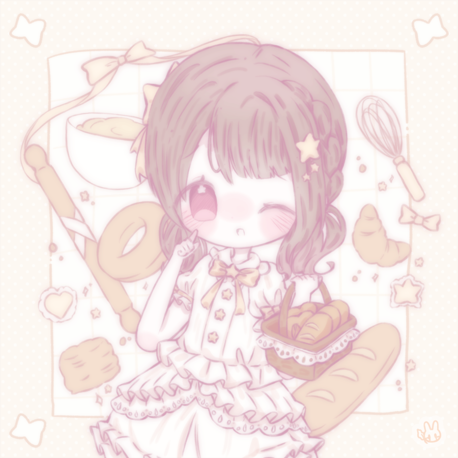 An illustration of the character 'Kasumi Nakasu' from 'Love Live! Nijigasaki High School Idol Club'. She is holding a basket filled with bread and pretzels and is pointing up to her face while smiling and winking. Behind her are baked goods and baking tools.