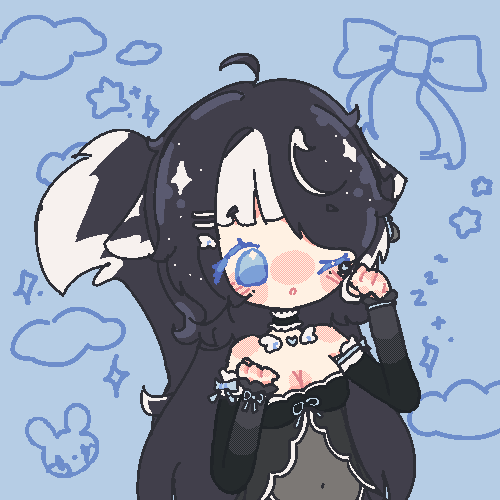 An animated GIF of lomi's character drawn in a pixel style. They are wiping a tear off their face after they just woke up.