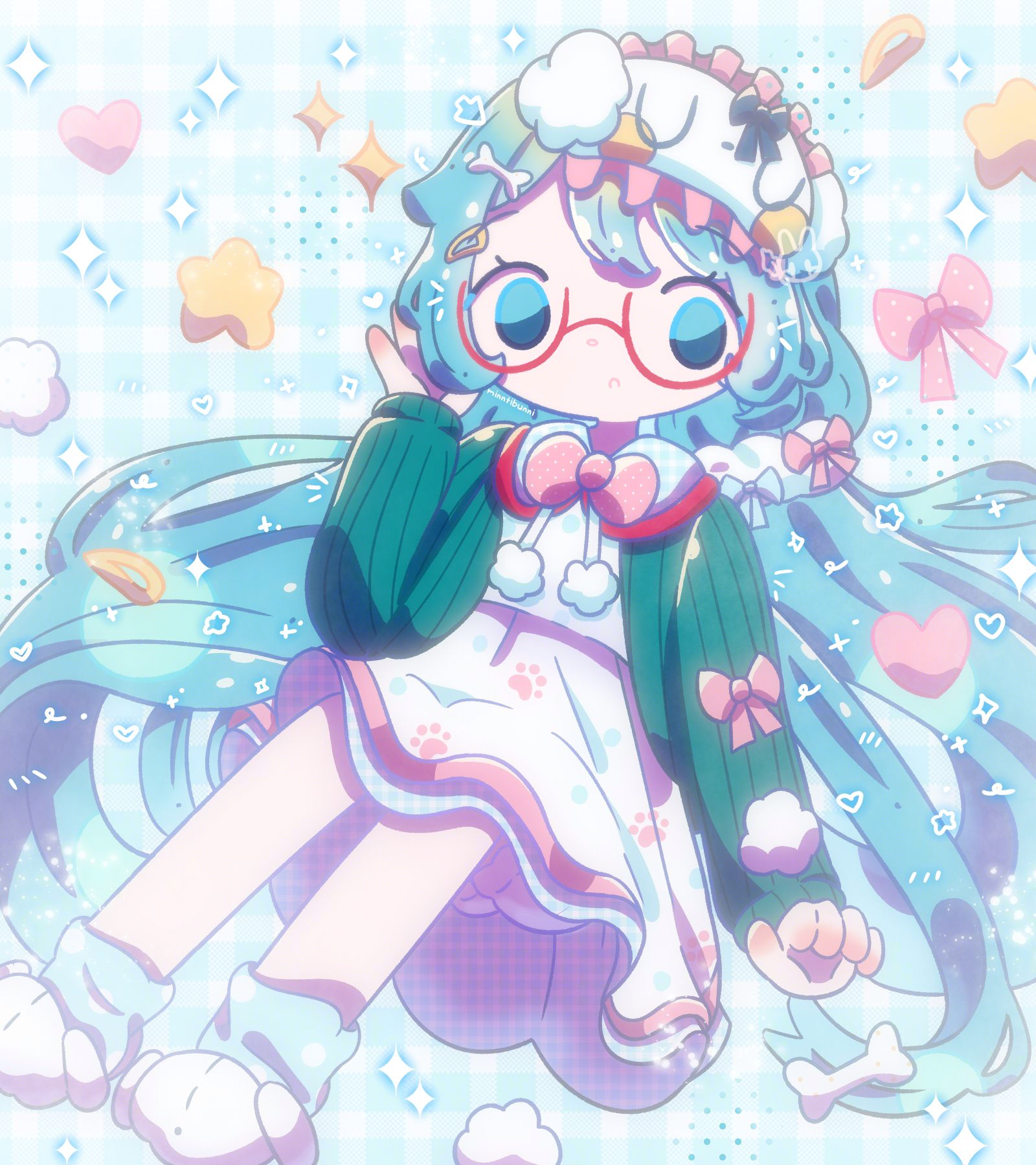 An illustration of the Vocaloid character Hatsune Miku. She is wearing the same clothing as the Nendoroid Hatsune Miku Loungewear Figure. She is holding her hand to her face with a slightly shocked expression. She is surrounded by hearts, stars, puff balls, a bone, sparkles and the same hair clip one she is wearing in her hair. There are many sparkles and doodles around her.