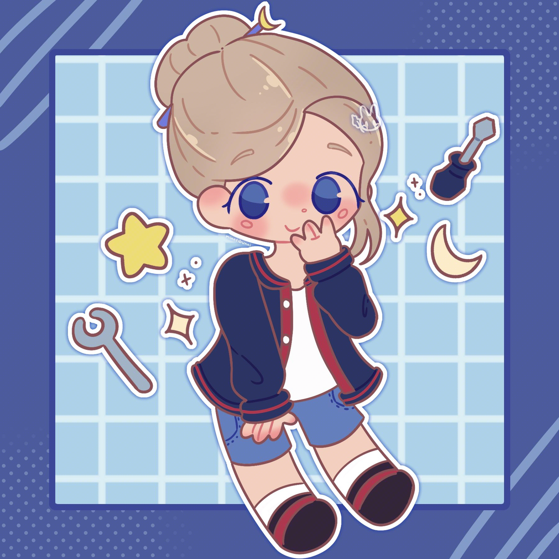 An illustration of hollowstudios' (on ArtFight) original character Luna drawn in chibi style. They are holding one of their hands up to their face. They are surrounded by stars, sparklesm a crescent moon and tools.