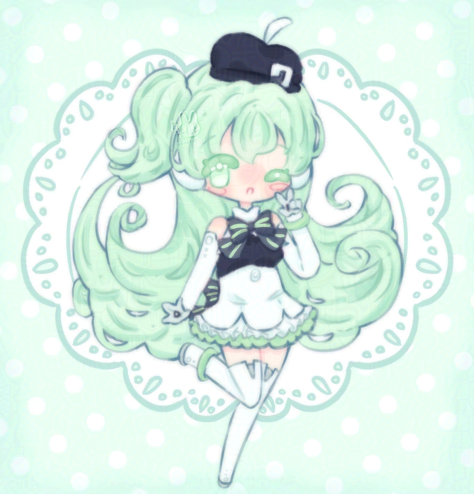 An illustration of the Vocaloid character 'Macne Nana' drawn in a chibi style. She is smiling and winking and holding up a peace sign.
