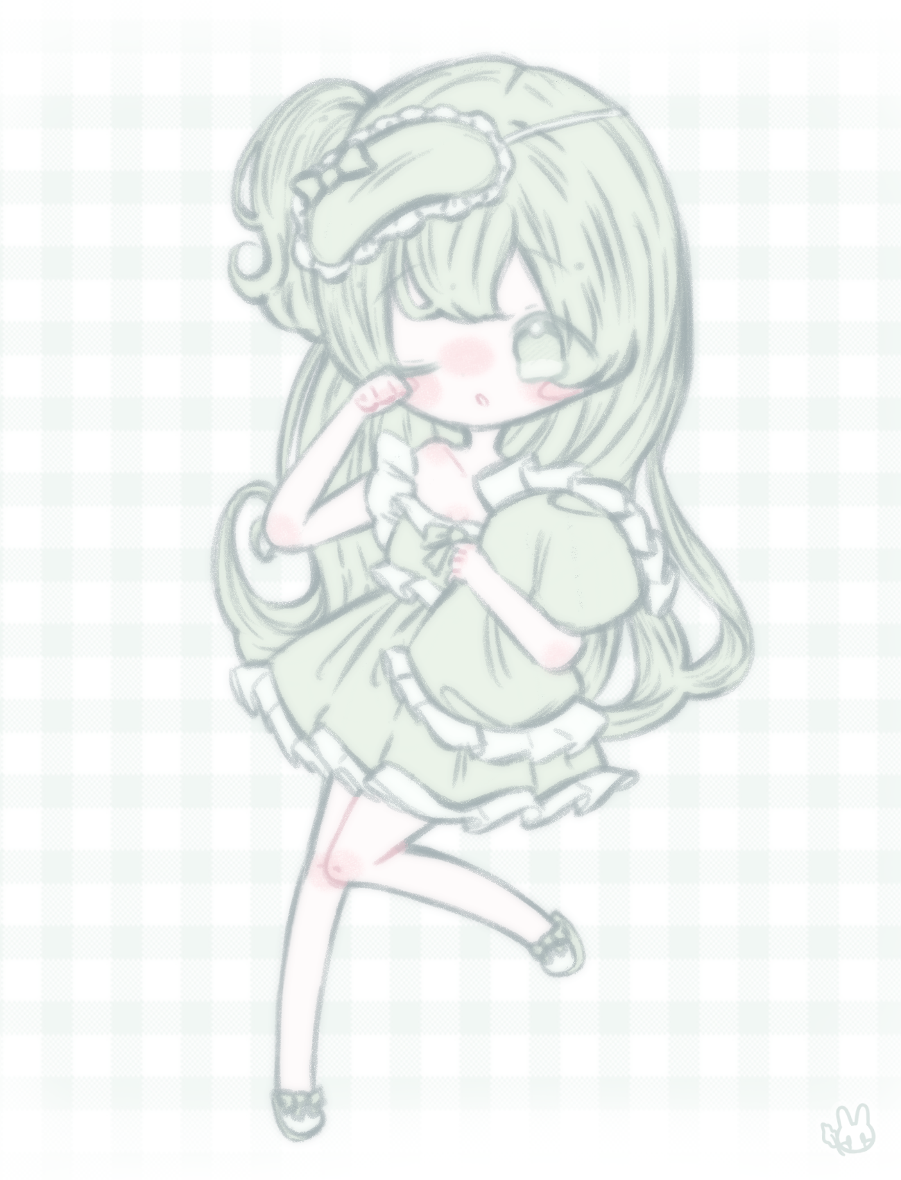 An illustration of the Vocaloid character Macne Nana wearing sleepwear. She is holding a pillow and is rubbing her eye.