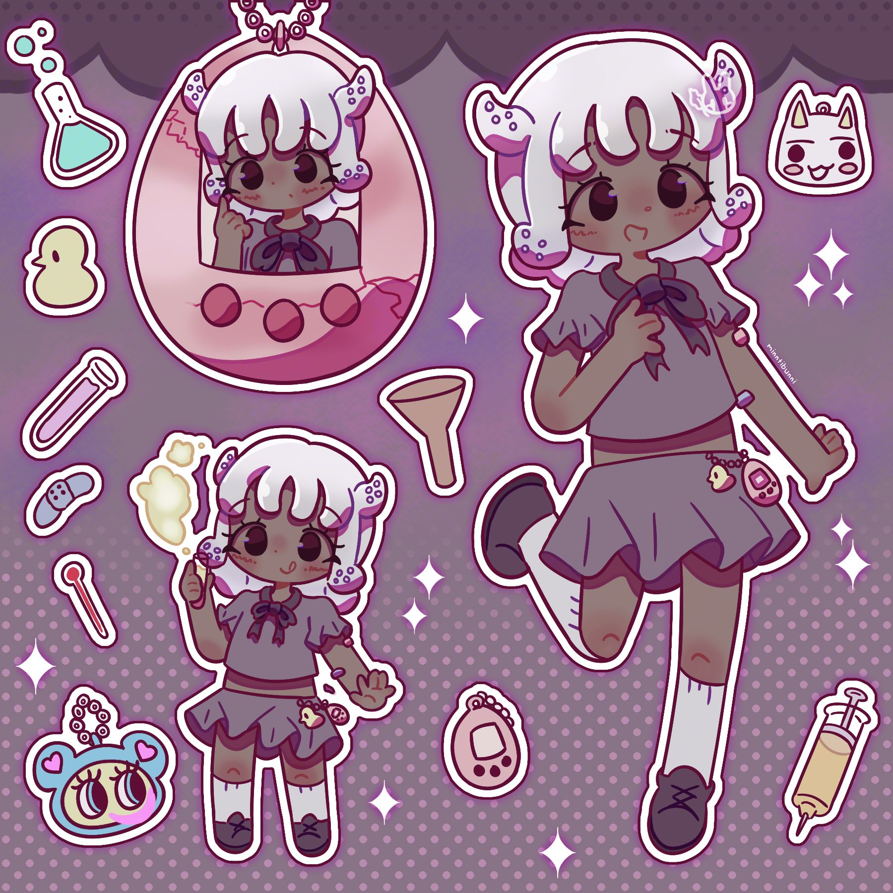 An illustration of sootspritey's (on ArtFight) original character Maris. They are resting their hand on their chest while smiling. They are surrounded with chibi versions of themself, one being inside a Tamagotchi screen and the other releasing a gas from a test tube. They are surrounded by test tubes, trinkets, a bandaid, a thermometer, a funnel and a gas syringe. There are many sparkles and doodles around them.