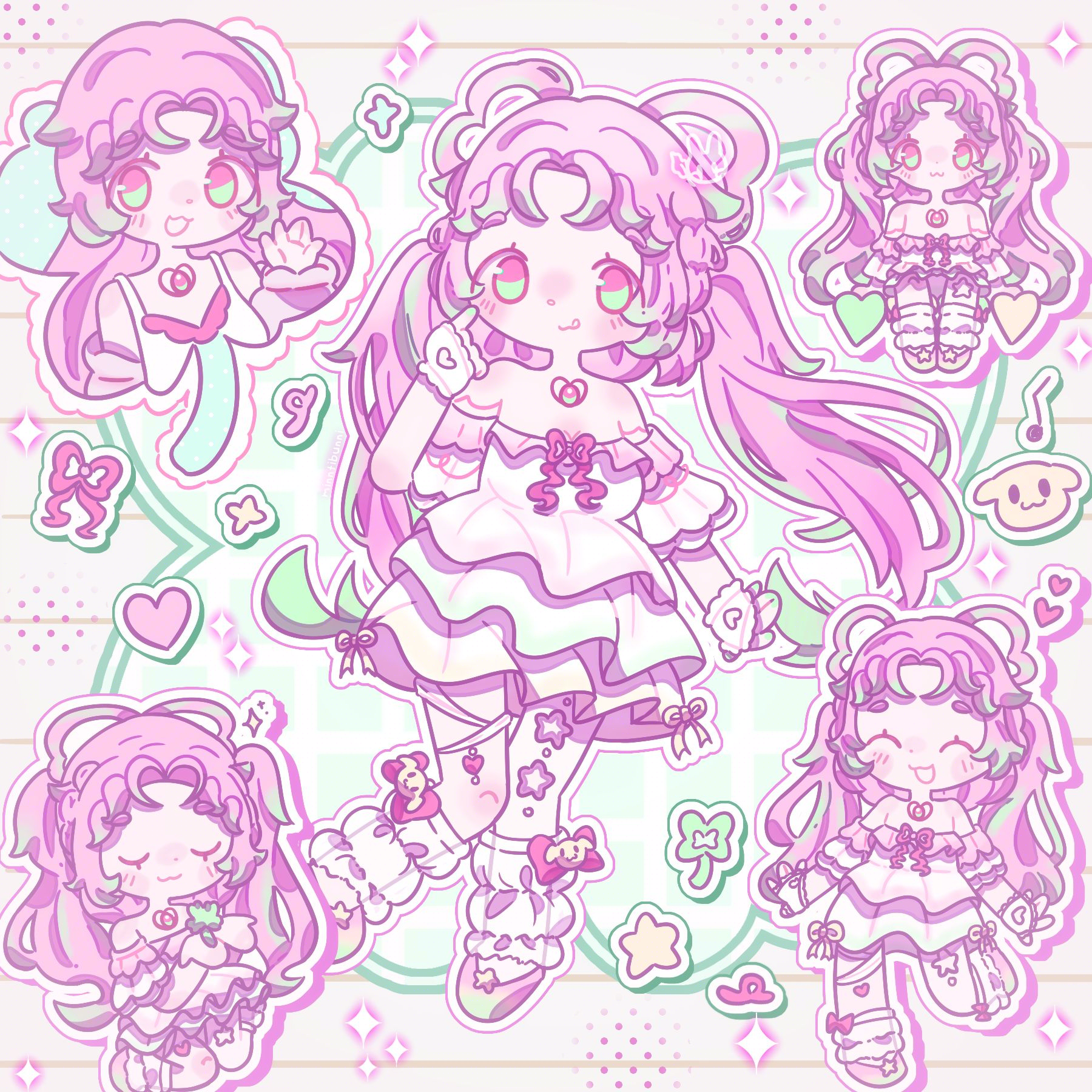 An illustration of moorshy's (on ArtFight) original character Marshy. They are surrounded by chibi versions of themself, a headshot of them waving various charms, one chibi is sitting on a row of hearts, another chibi is super happy and the other chibi is holding a clover in their hands. There are many sparkles and doodles around them.