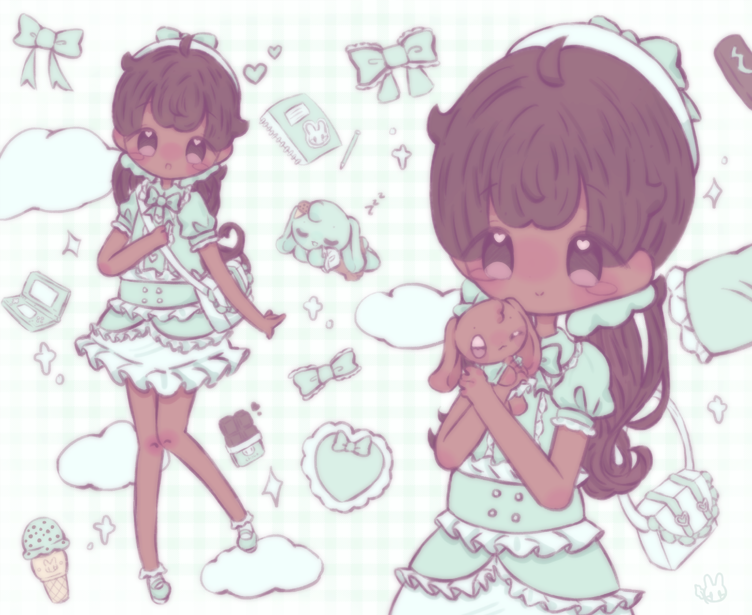 An illustration of the mayor. She is smiling and holding onto her bag. She is also holding her bunny friend.