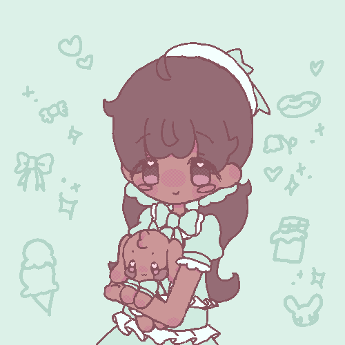 An animated GIF of the mayor drawn in pixel style. She is holding the mintbunny Chocola Chip in her arms. 