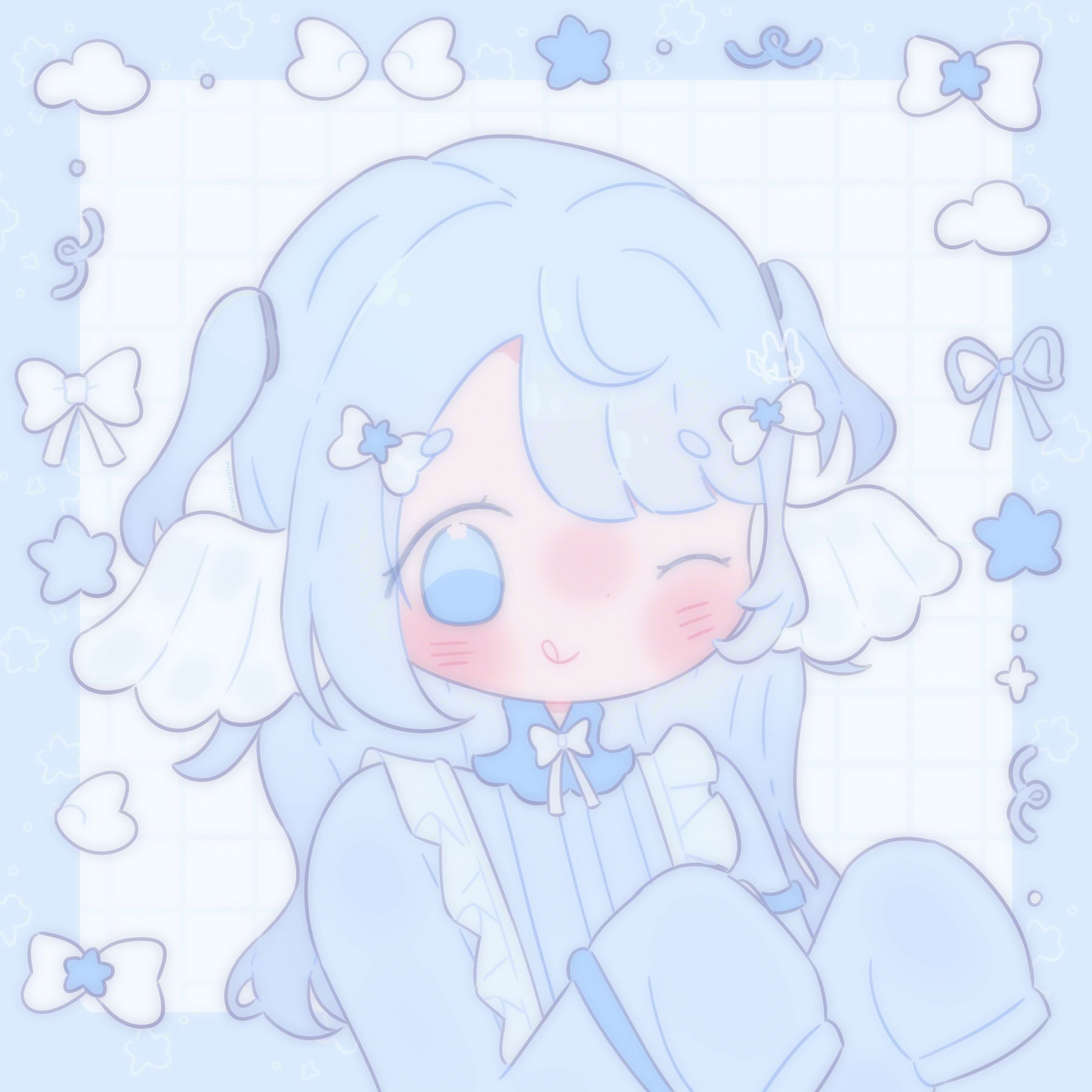 An illustration of m1.iaa's (on discord) character. They are holding their hands up that are covered by their long sleeves and winking while sticking their tongue out. They are surrounded by bows, stars, clouds and wings.