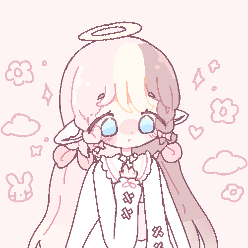An animated GIF of mew's character drawn in a pixel style. They are resting their fist on their chest.