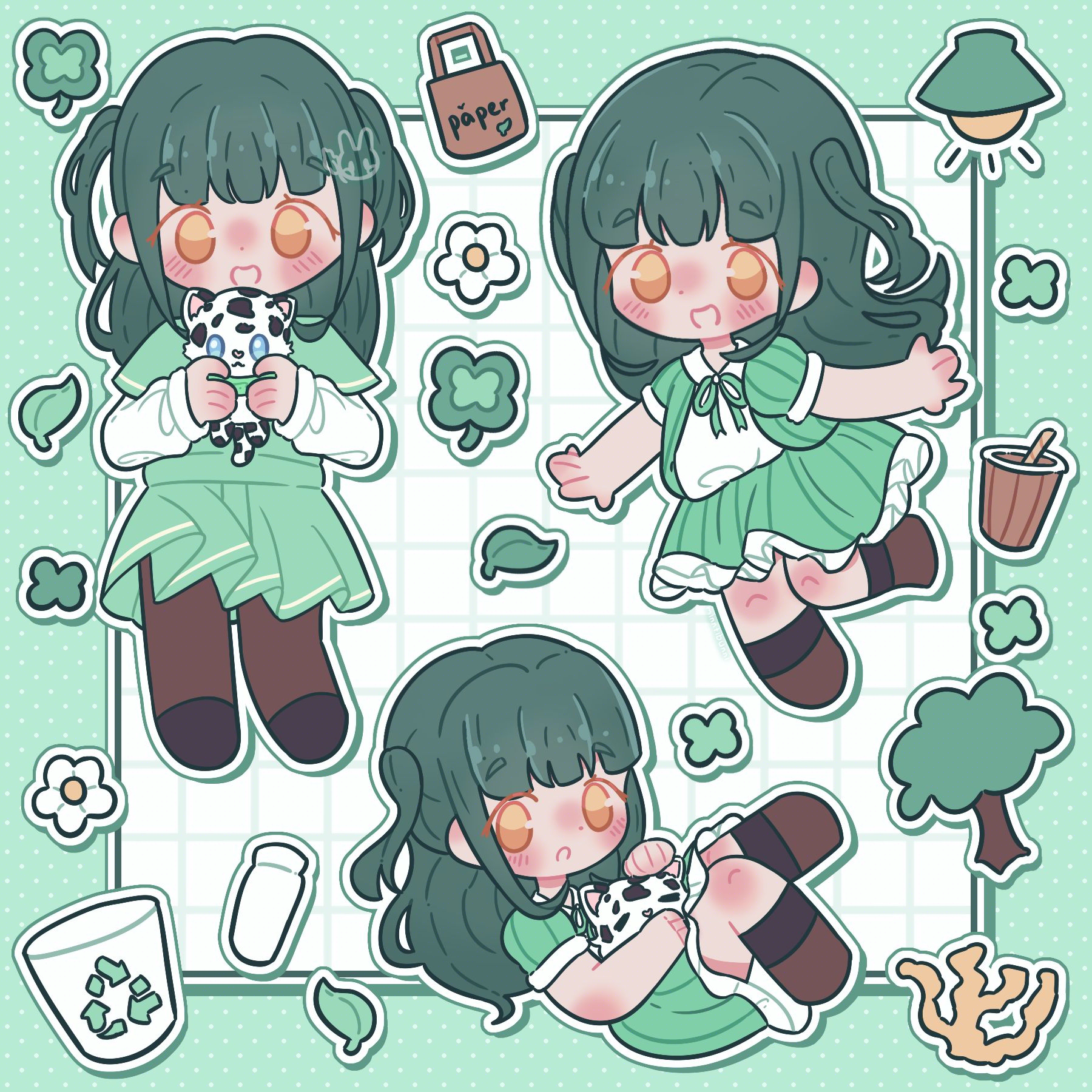 An illustration of the character Midori Yamada from Ikizu Live! LOVE LIVE! BLUEBIRD. There are three chibi versions of her, in the top left corner she is wearing her casual outfit and is holding her pet, in the top right corner she is wearing her idol outfit from the song 'What is my LIFE?' and is posing in the air and at the bottom she is wearing the same idol outfit and is stroking her pet. She is surrounded by plants, a recycling can, a paper cup with a paper straw in it, an energy efficient light source, a paper bag and a reusable water bottle.