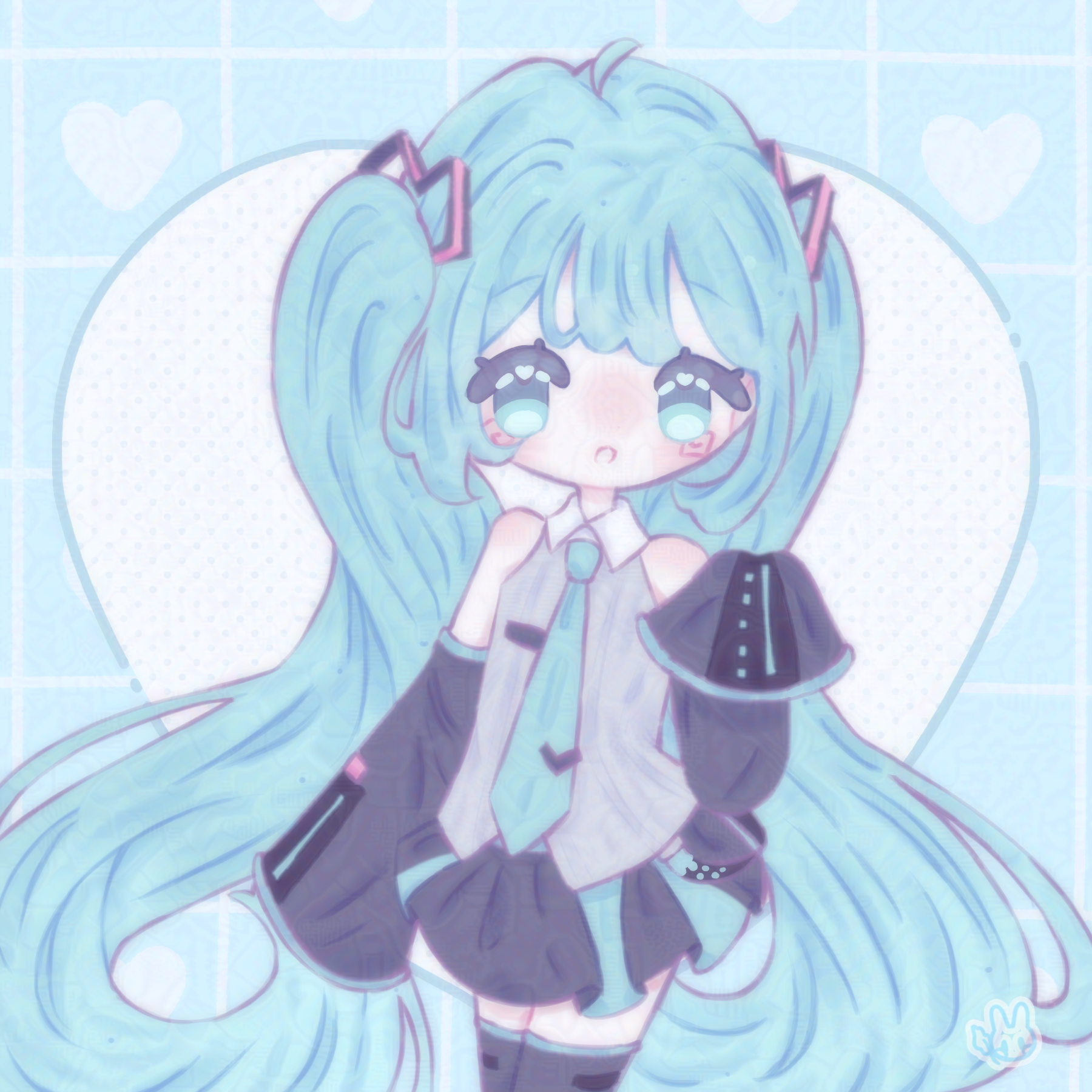 An illustration of the Vocaloid character Hatsune Miku. She is holding her hand up to face and is smiling.