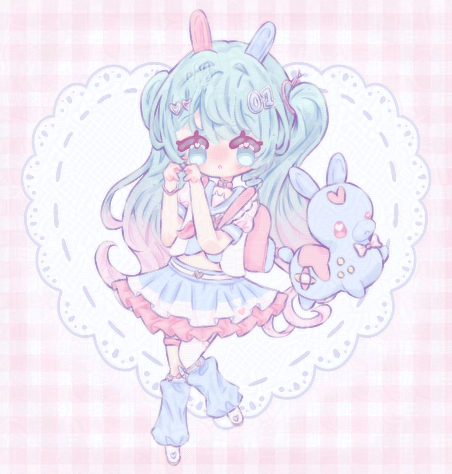 An illustration of the Vocaloid character 'Hatsune Miku' drawn in a chibi style. She is making a heart with her fingers.