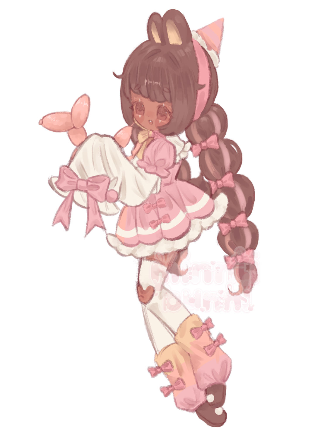An illustration of MiniwaMew's character. She is holding a balloon animal in her hands and is smiling.
