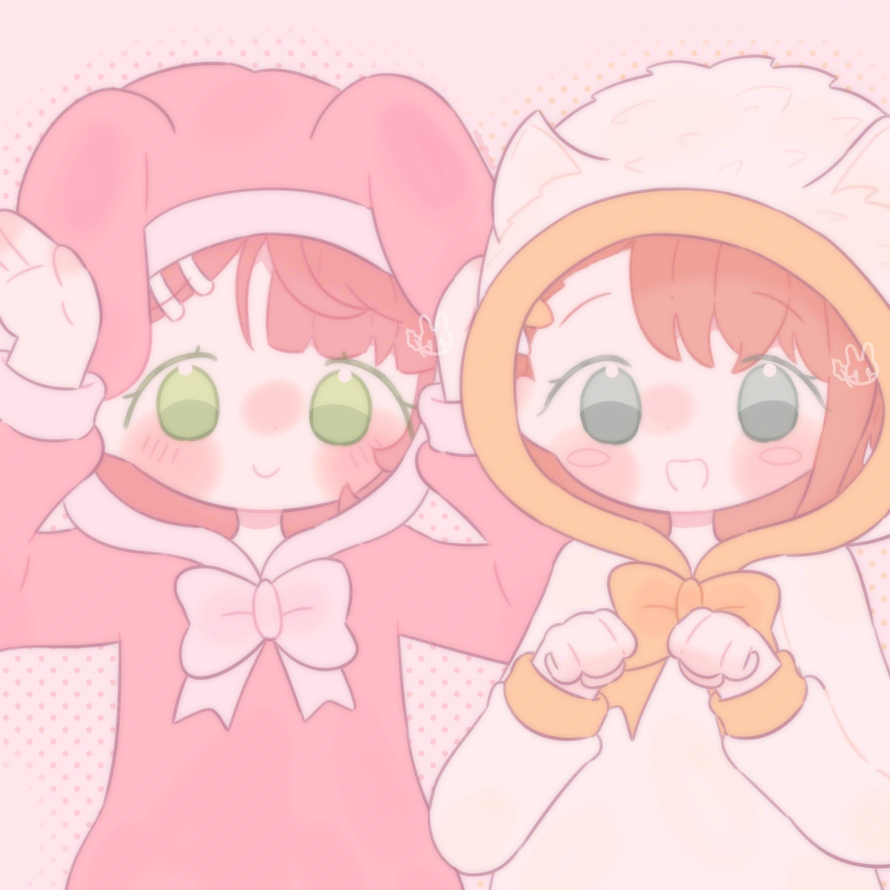 An illustration of Ayumu Uehara from 'Love Live! Nijigasaki High School Idol Club' and Minori Hanasato from 'Project SEKAI COLORFUL STAGE! wearing a pink bunny costume and a white and orange dog costume resembling her dog Samo-chan. Ayumu is nervously holding her hands up to her head to mimic bunny ears. Minori is smiling and holding her hands up to mimic dog paws.