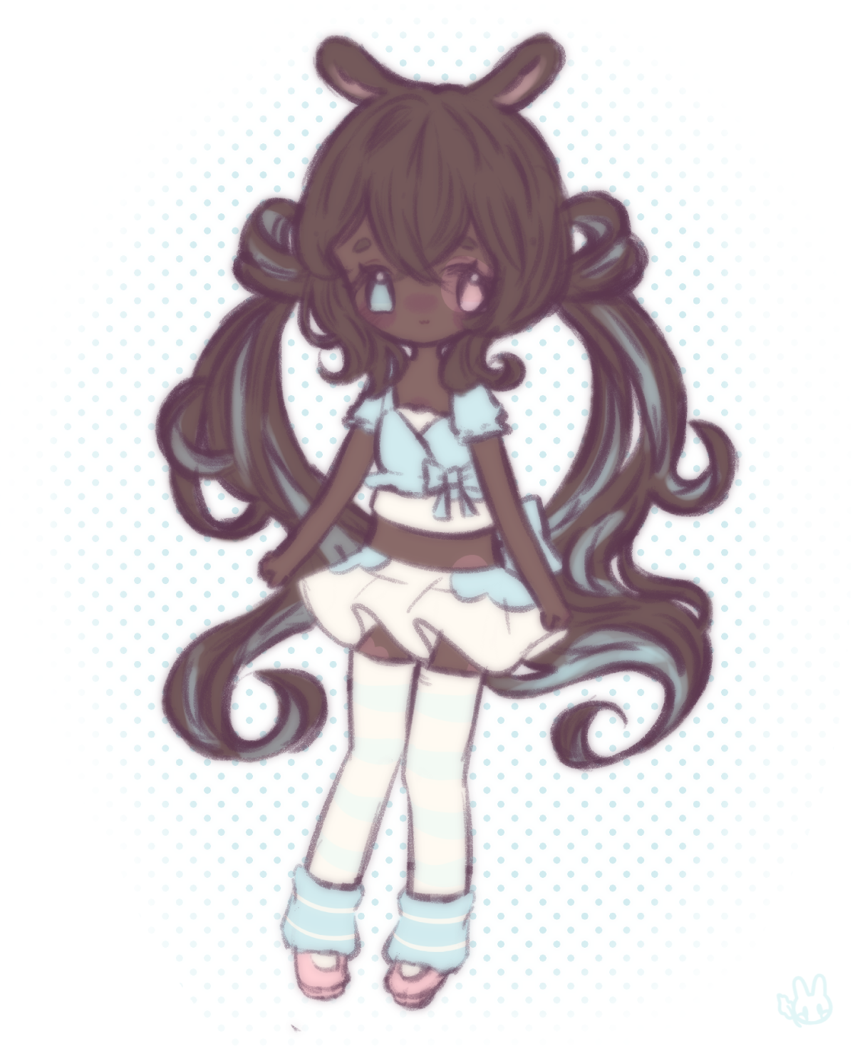An illustration of miraclemora's (on discord) character. She is standing and smiling.