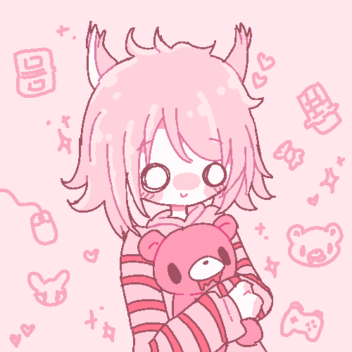 An animated GIF of moki's character drawn in a pixel style. They are holding a 'Gloomy Bear' plushie in their arms.