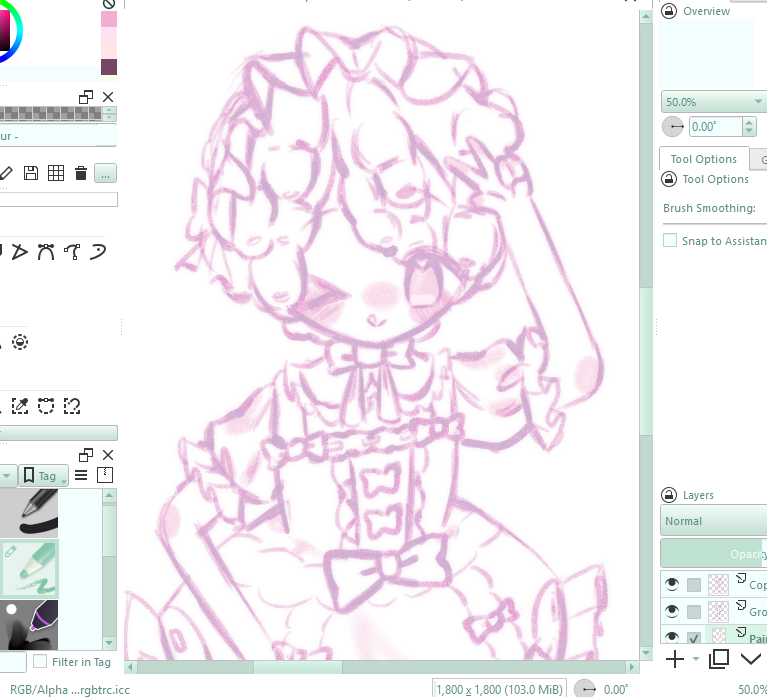 A sketch of my original character. He is winking and sticking his toungue out while holding a peace sign over his head.