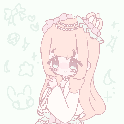 An animated GIF of my original character who wears princess-themed lolita clothing drawn in a pixel style. She is holder her hands together