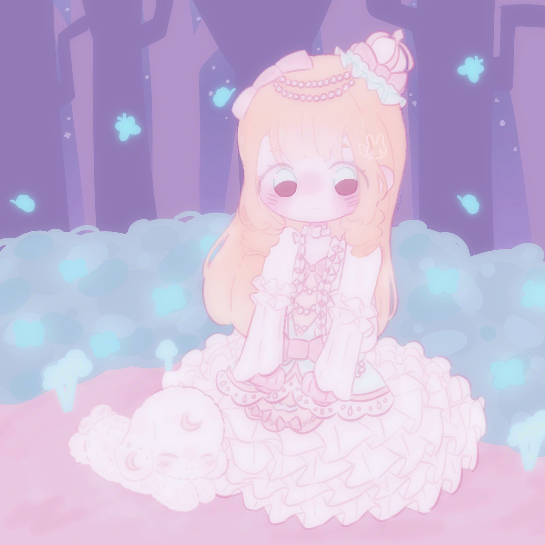 An illustration of my original character. She is sitting down with a fluffy bunny that has crescent moons on it's head and ears. There are glowing butterflies flying around them.