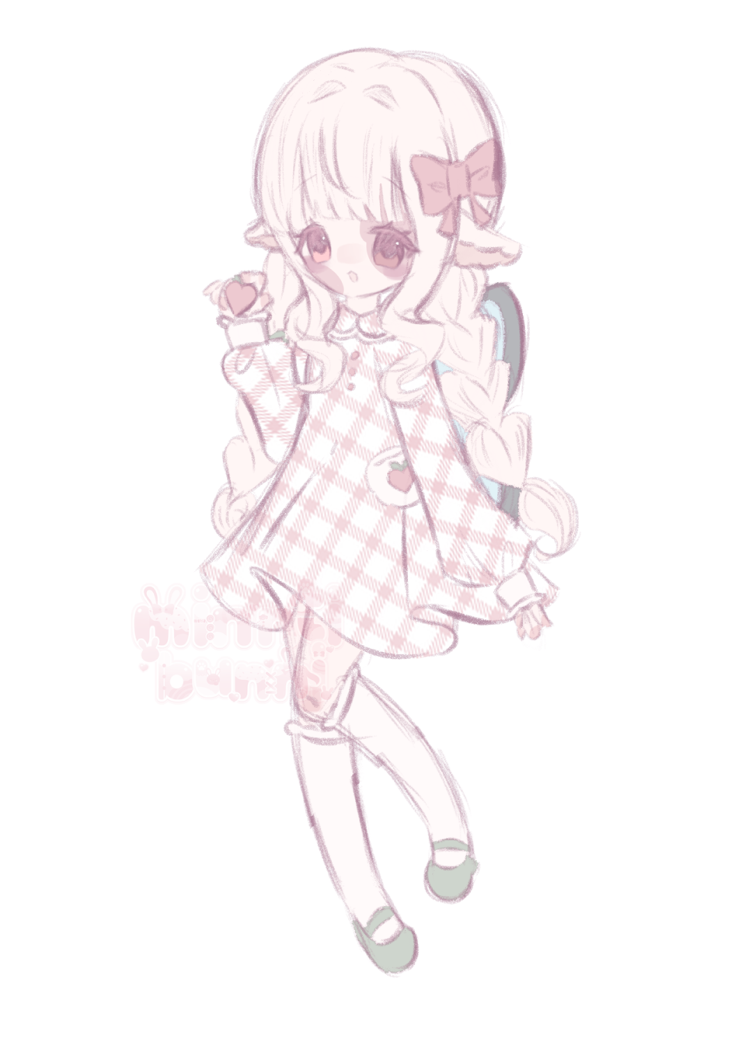 An illustration of nea_goose's character. She is holding a strawberry and is smiling.