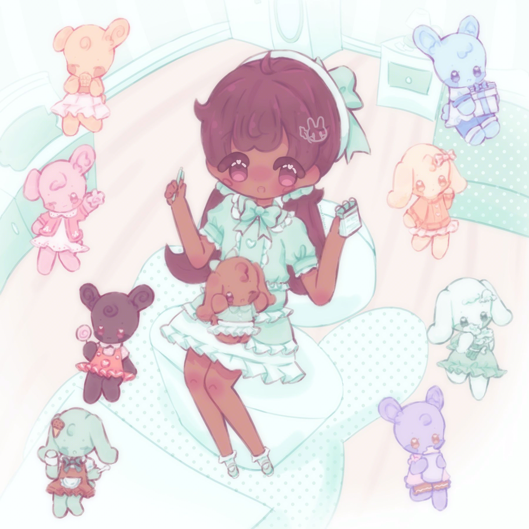 An illustration of the mayor sitting on a chair at her home and holding a notebook in her hands. The mintbunnies are surrounding her and Chocola is sitting on her lap.