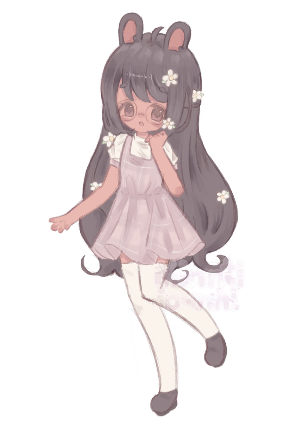 An illustration of Nyunnya's character. They have their hand up to their face and are smiling.