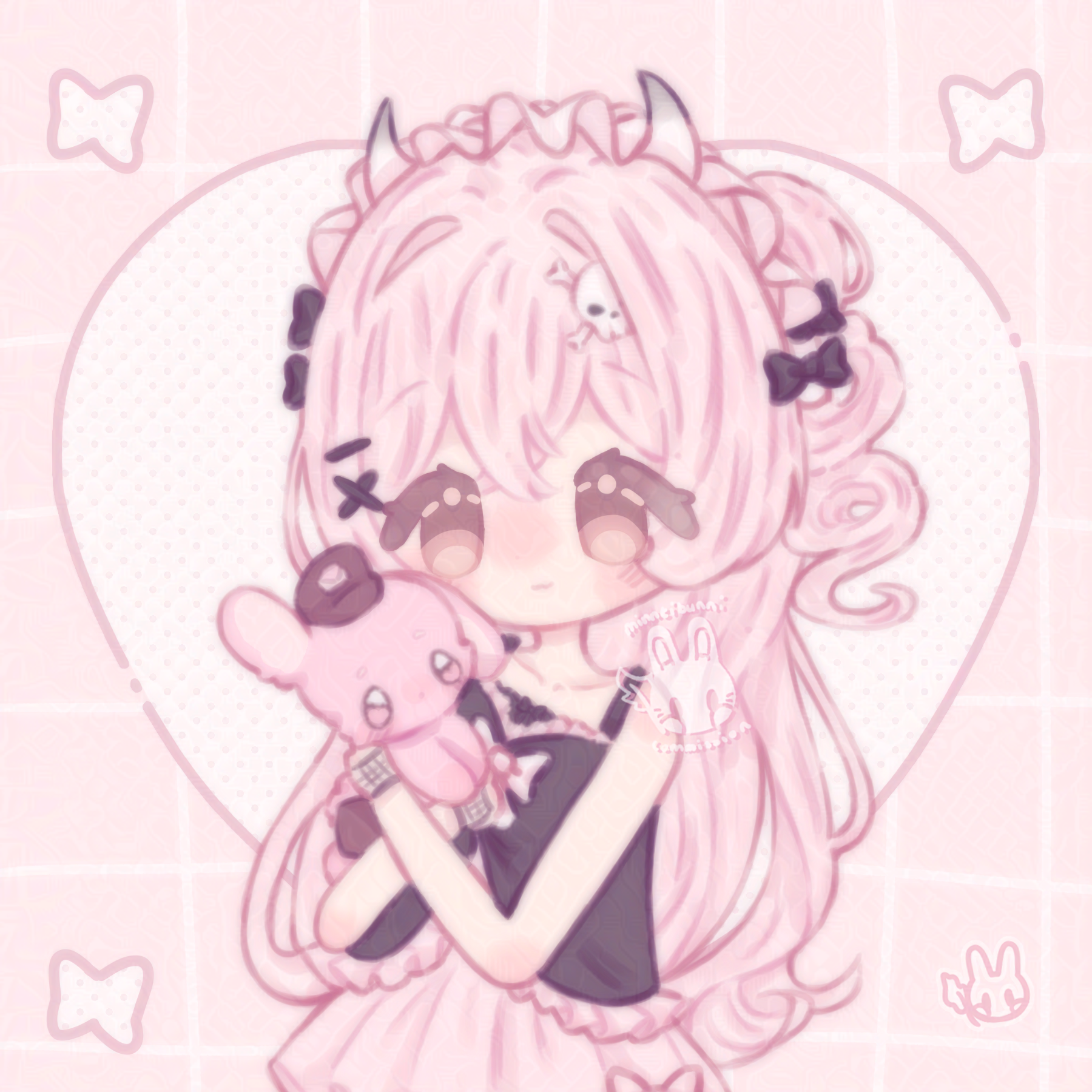 An illustration of nyuuka's character. She is holding her bunny friend up to her face and is cuddling her.