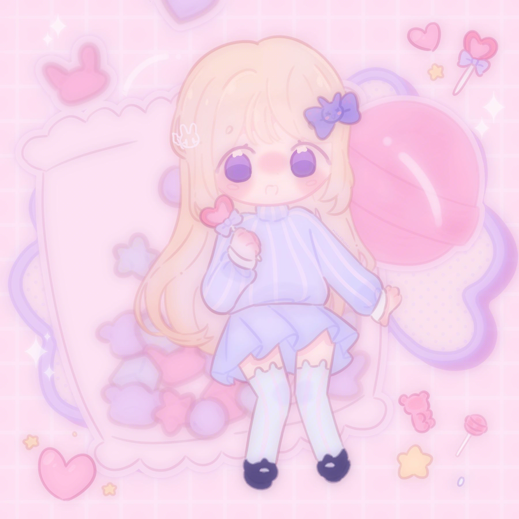 An illustration of _mariss.'s (on discord) character in chibi form. They are holding a heart shaped lollipop and are smiling. Behind them is a huge lollipop and a huge bag containing different shaped sweets. There are hearts, stars, lollipops and a gummy bear surrounding them.