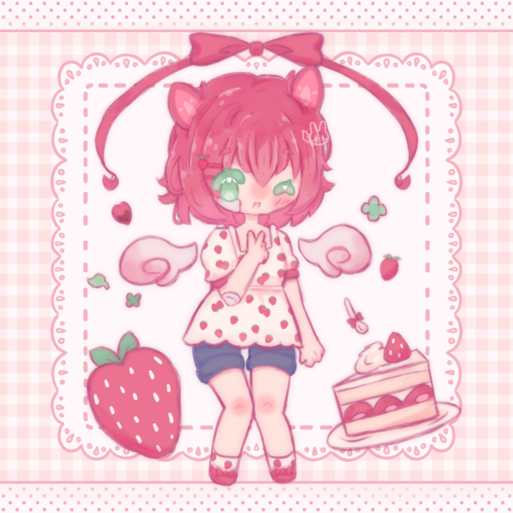 An illustration of peppermintox's (on discord) original character drawn in a chibi style. They are winking and holding up a peace sign.