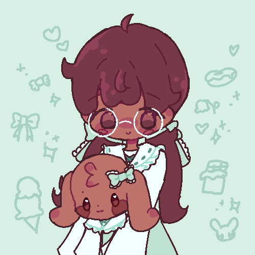 An animated GIF of the mayor wearing girly clothes drawn in a pixel style. She is holding the mintbunny Chocola Chip in her arms who is wearing a similar outfit.