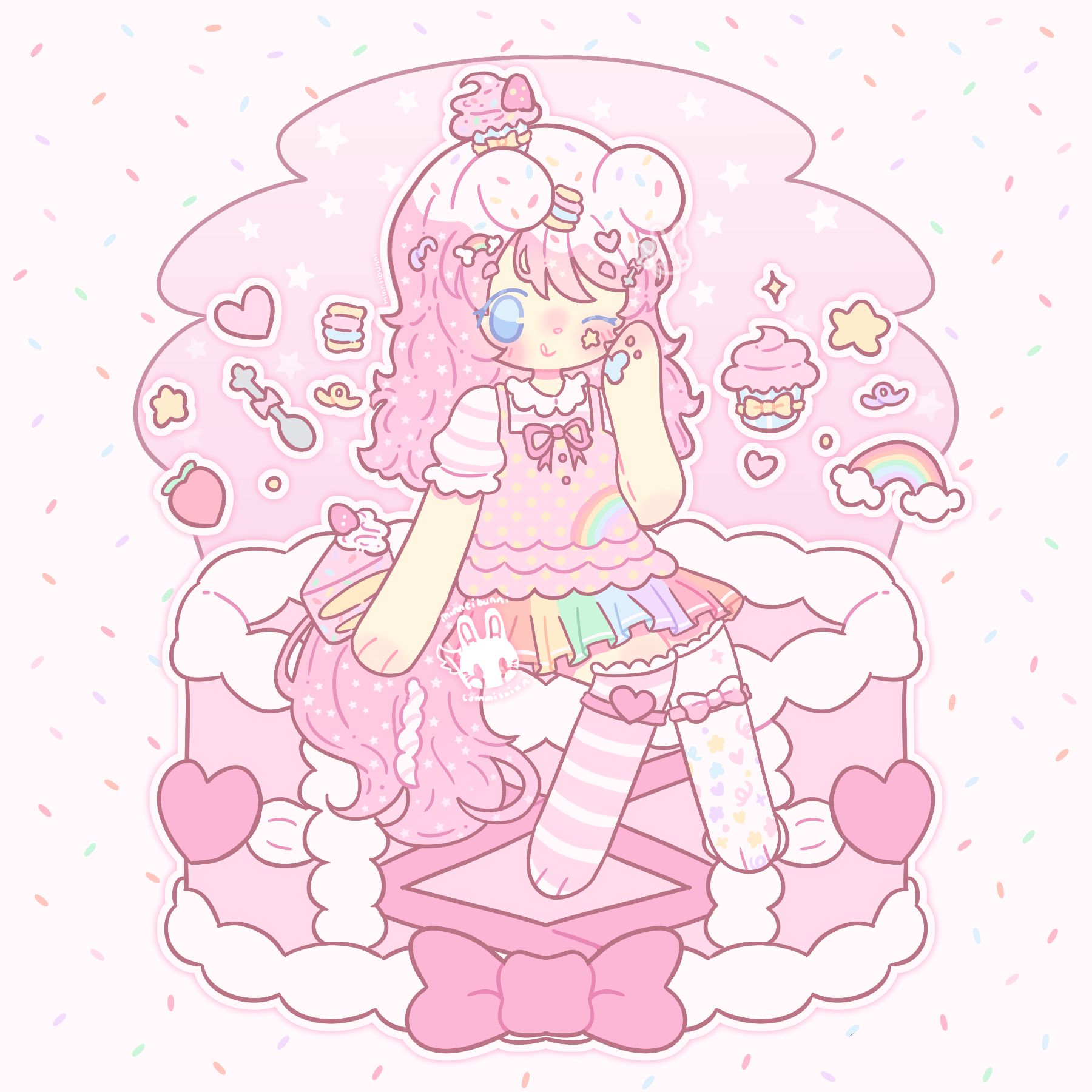 An illustration of a kemonomimi character owned by pl1ushie (on ToyHouse). They are sitting on a pink cake. They are holding their left paw up to thier face and are winking and smiling with their tongue out. They are surrounded by a strawberry, a spoon with a pink bow on it, a sweet, a cupcake, a rainbow, stars and hearts The background has multicoloured sprinkles on it.