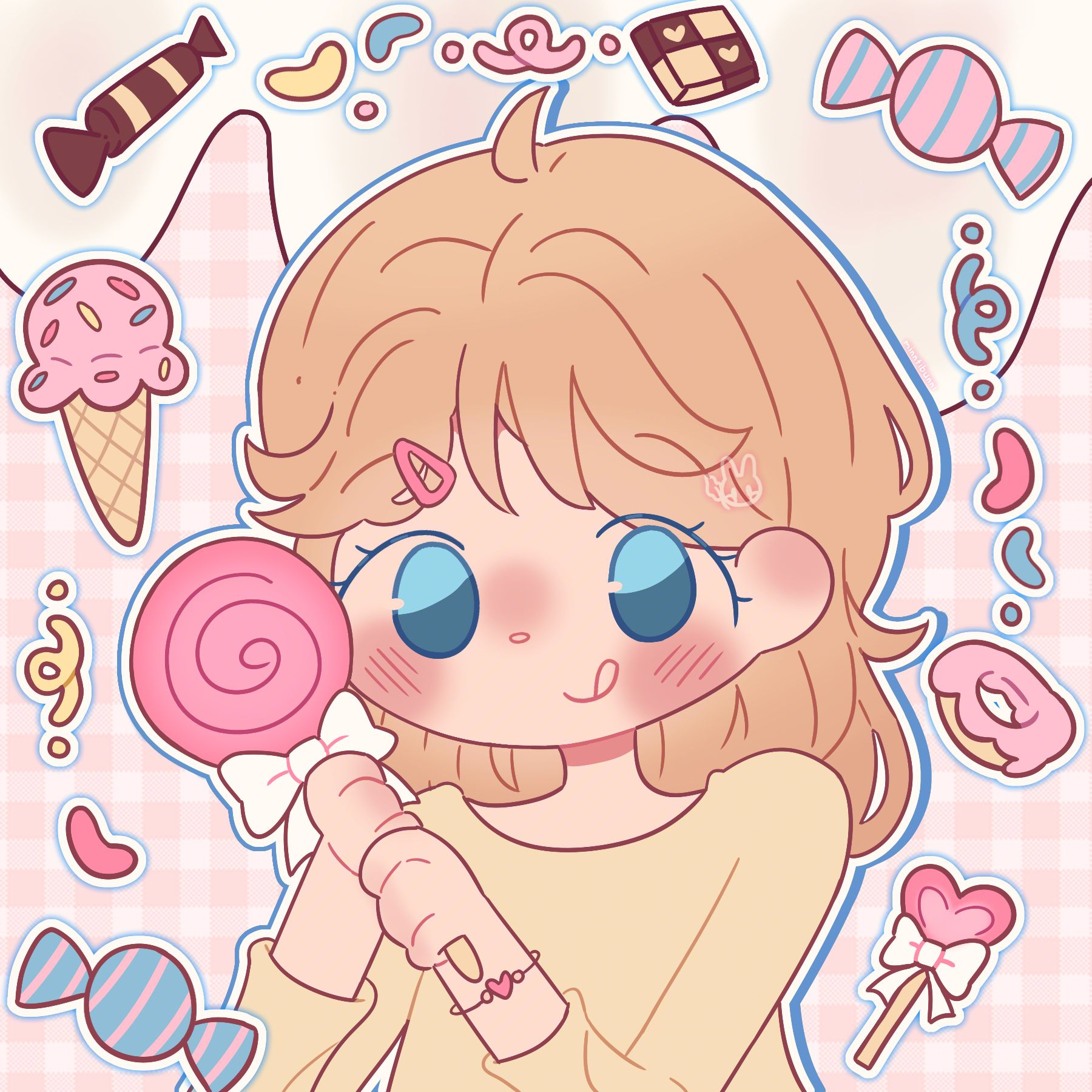 An illustration of PumpkinDraws' (on ArtFight) original character Rachel. They are holding a lollipop and are surrounded by various sweets and snacks.