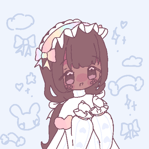 An animated GIF of my original character who is based off rainbows. She has her hands up and is smiling 