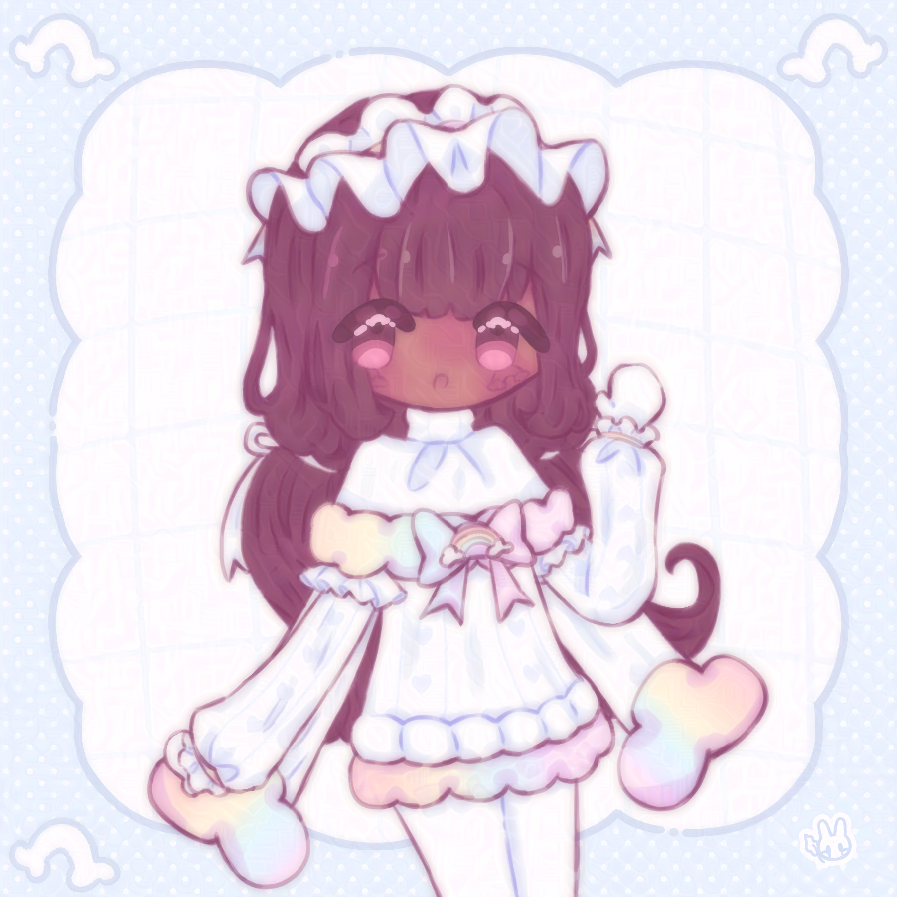 An illustration of my rainbow themed character. She is smiling and waving.