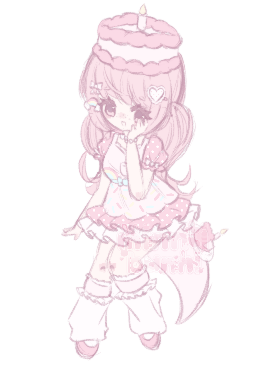 An illustration of my cake themed original character. She is sitting and has her hand up to her face while smiling.