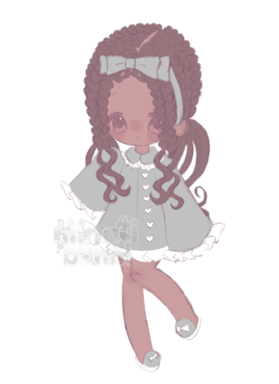 An illustration of my original character in chibi form. She is standing with one of her sleeves held up.