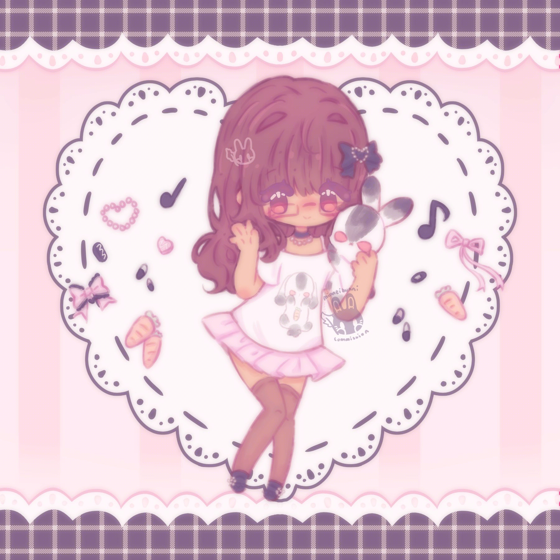 An illustration of Saffi's original character drawn in a chibi style. They are holding a bunny in their hand and are waving.