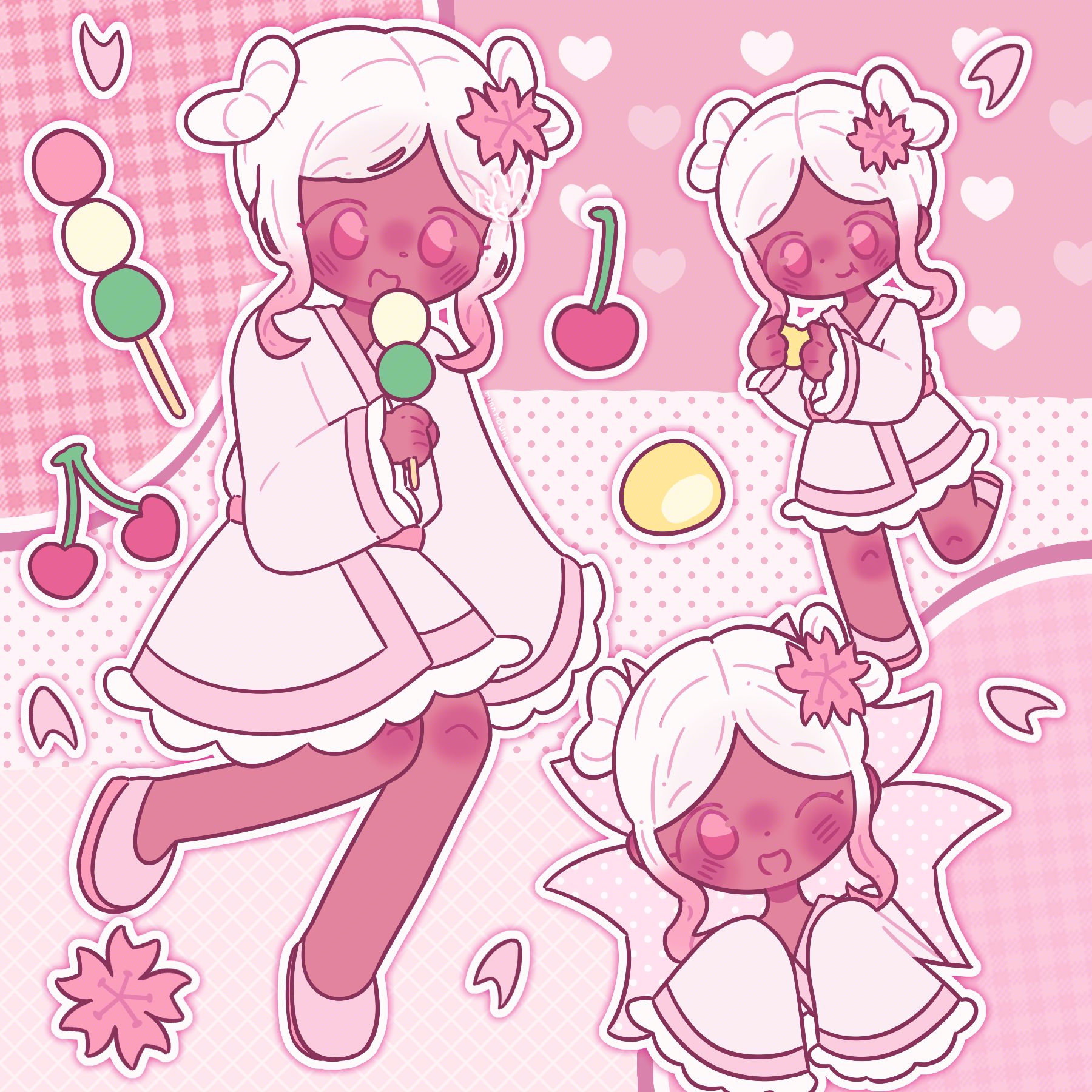 An illustration of NaiNai's (on ArtFight) original character Sakura. They are eating dango. They are surrounded by a headshot of them winking and a chibi version of themself eating dango. They are surrounded by cherry blossom petals, dango, cherries, cherry blossoms and mochi.