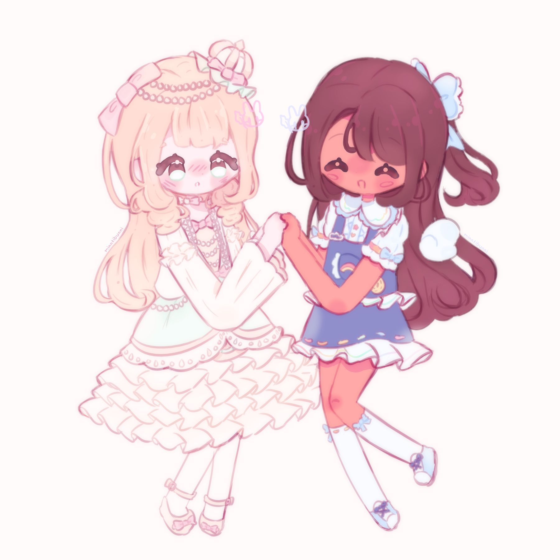 An illustration of my original characters. They are both holding hands.