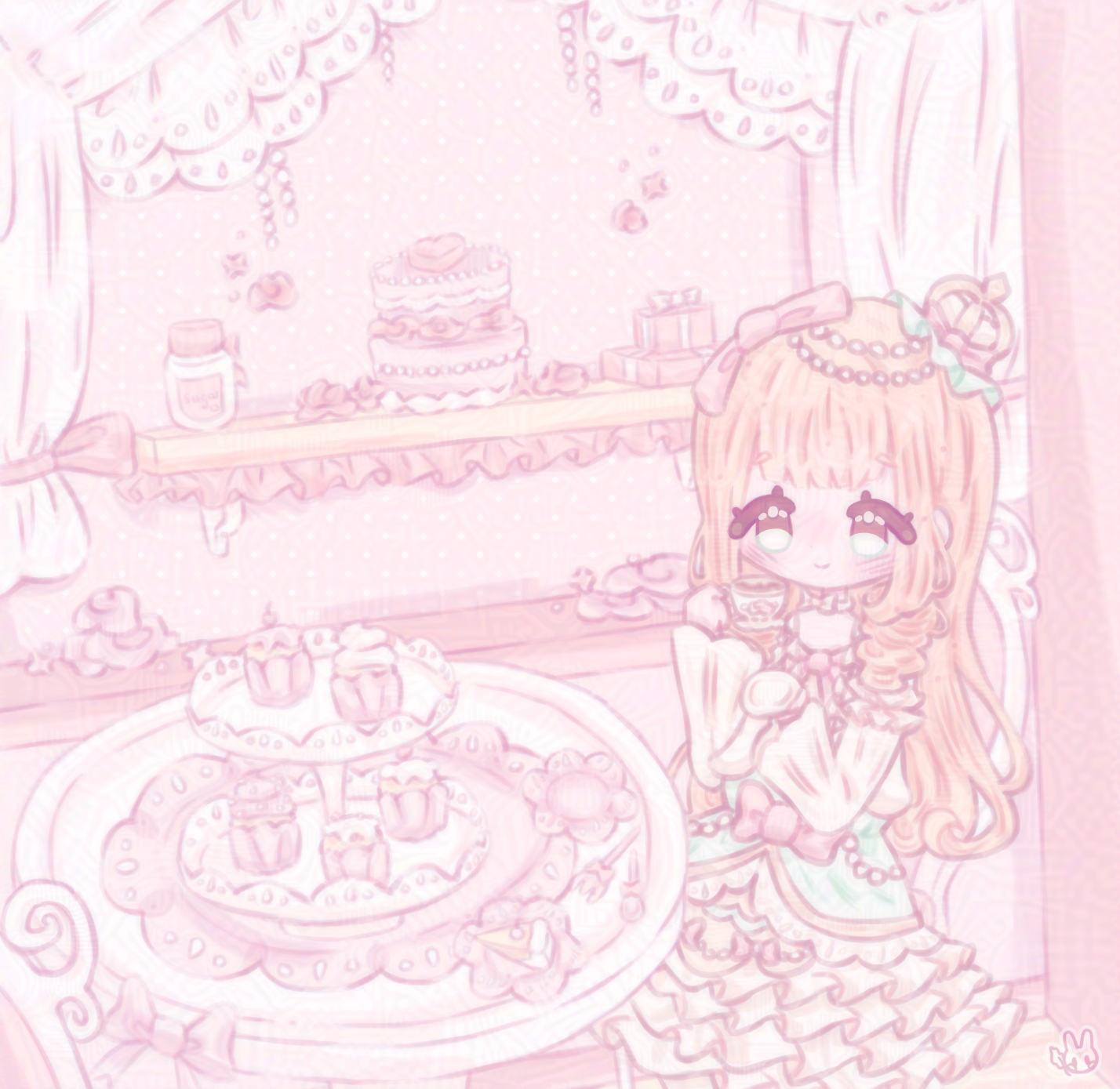 An illustration of my original character. She is sitting in a bakery and is holding a tea cup.