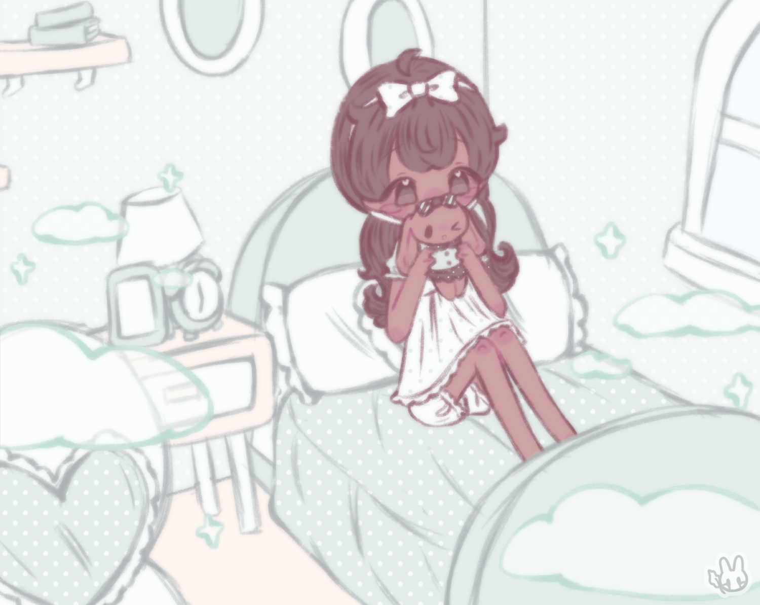 An illustration of the mayor sitting on her bed and holding a bunny plushie.