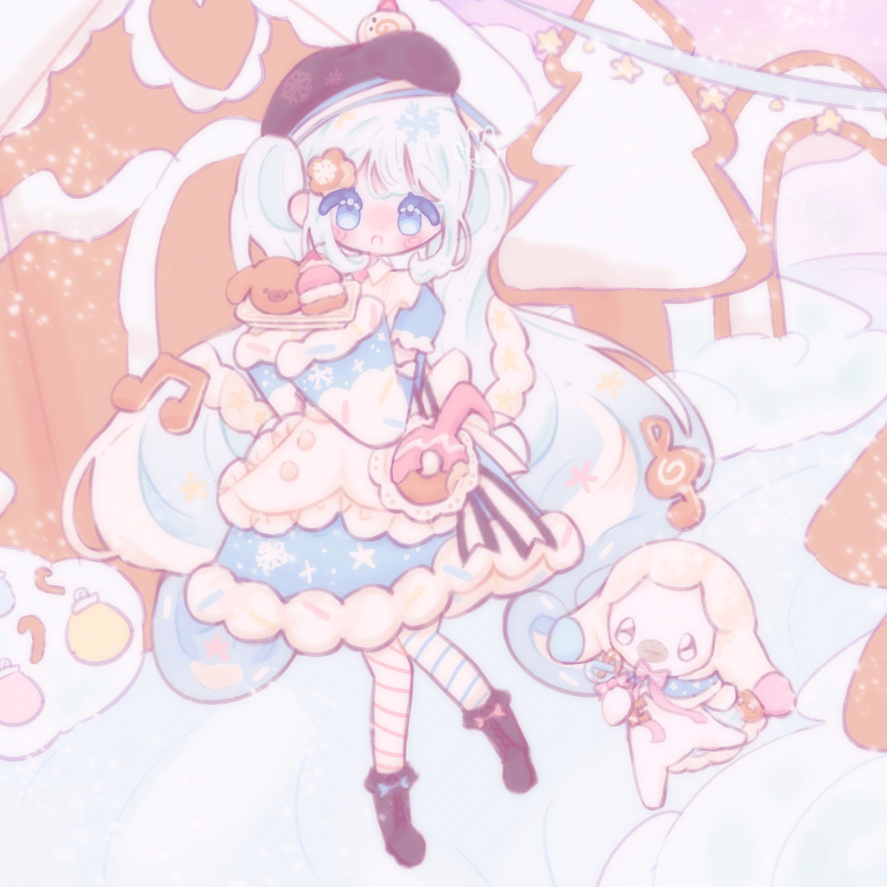 An illustration of the Vocaloid character 'Hatsune Miku' in her 'Snow Miku 2026' outfit. She is holding a tray with a bunny shaped baked good and another pink desert on it. Her bunny friend 'Rabbit Yukine' is holding a key shaped and lock shaped biscuit while walking alongside her.