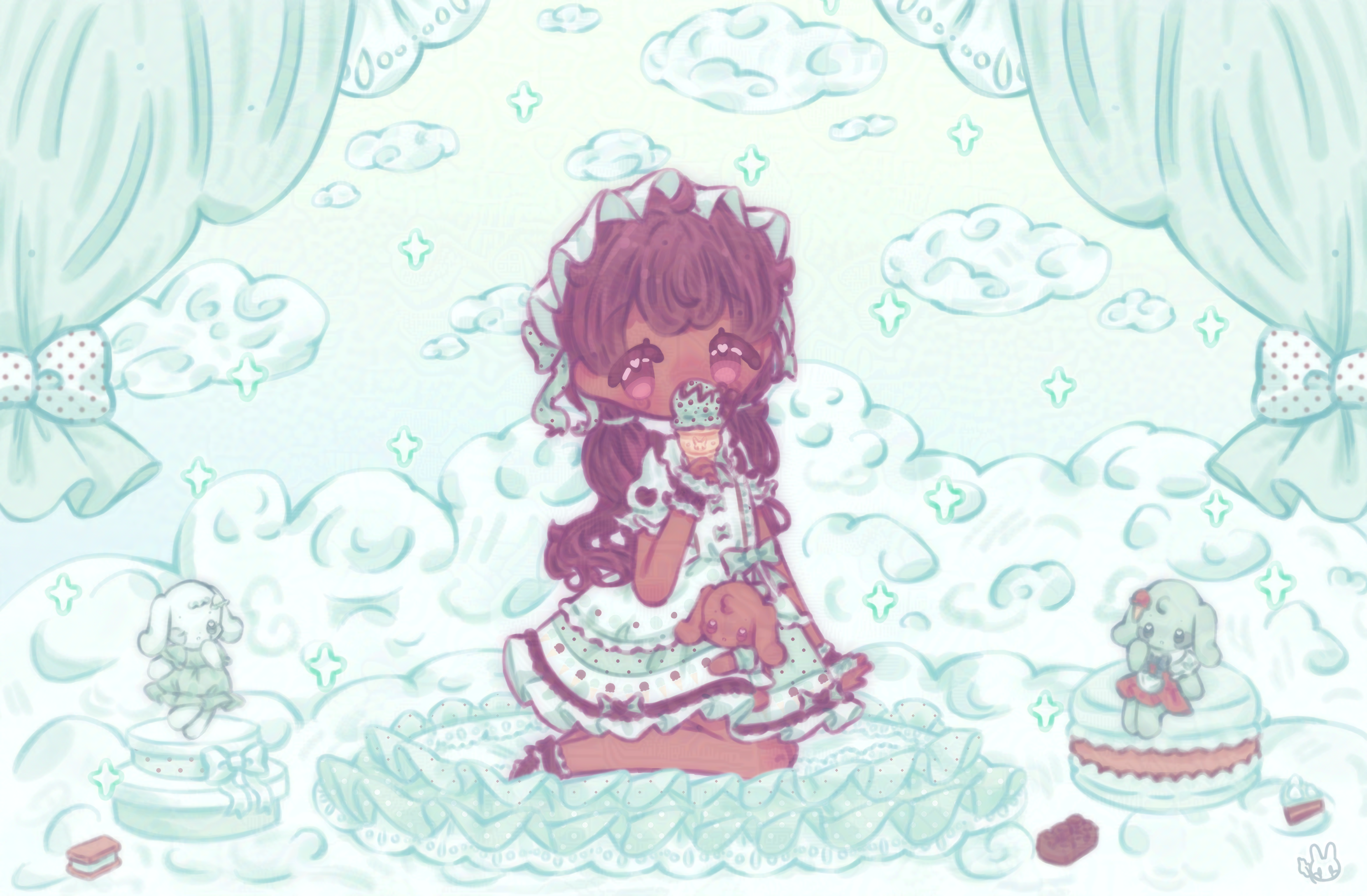 An illustration of the mayor in a lolita inspired outfit. She is holding a mint-chocolate icecream cone and putting it up to her face. The mintbunny Chocola Chip is sitting on her lap. To the left is the mintbunny Lilybell standing on some circular boxes and to the right is the mintbunny Minty Milk sitting on a chocolate filled, mint macaron.