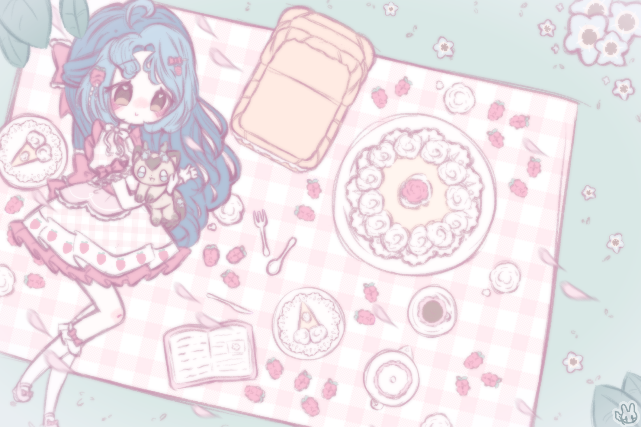 An illustration of a.rriver's (on discord) character. She is lying on a picnic mat and cuddling her furret-like pet.